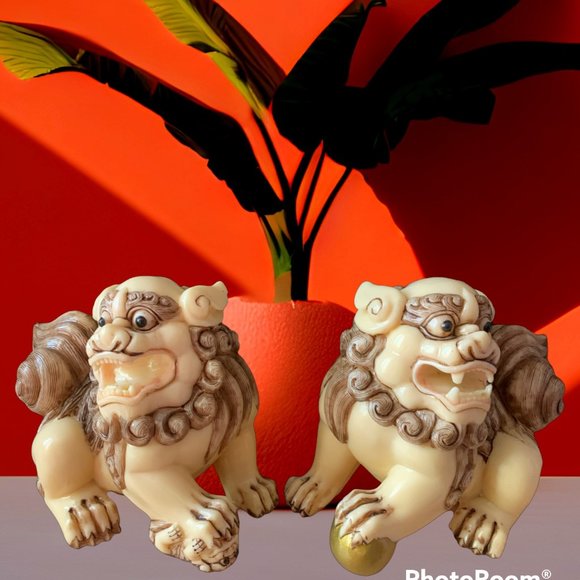 Vintage Chinese Foo Dogs Ivory Resin Guardian Lions